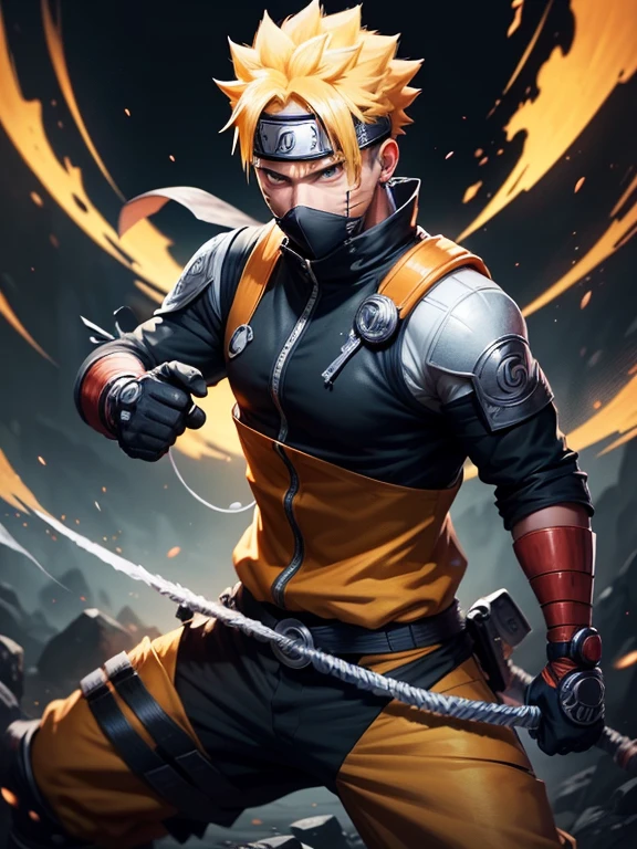 An incredibly detailed illustration of Naruto Uzumaki using his rasengan technique., combat position, incredible details, sombras perfectas, dynamic background, estilo de dibujo hiperrealista.