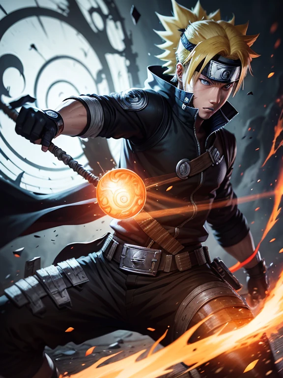 An incredibly detailed illustration of Naruto Uzumaki using his rasengan technique., combat position, incredible details, sombras perfectas, dynamic background, estilo de dibujo hiperrealista.