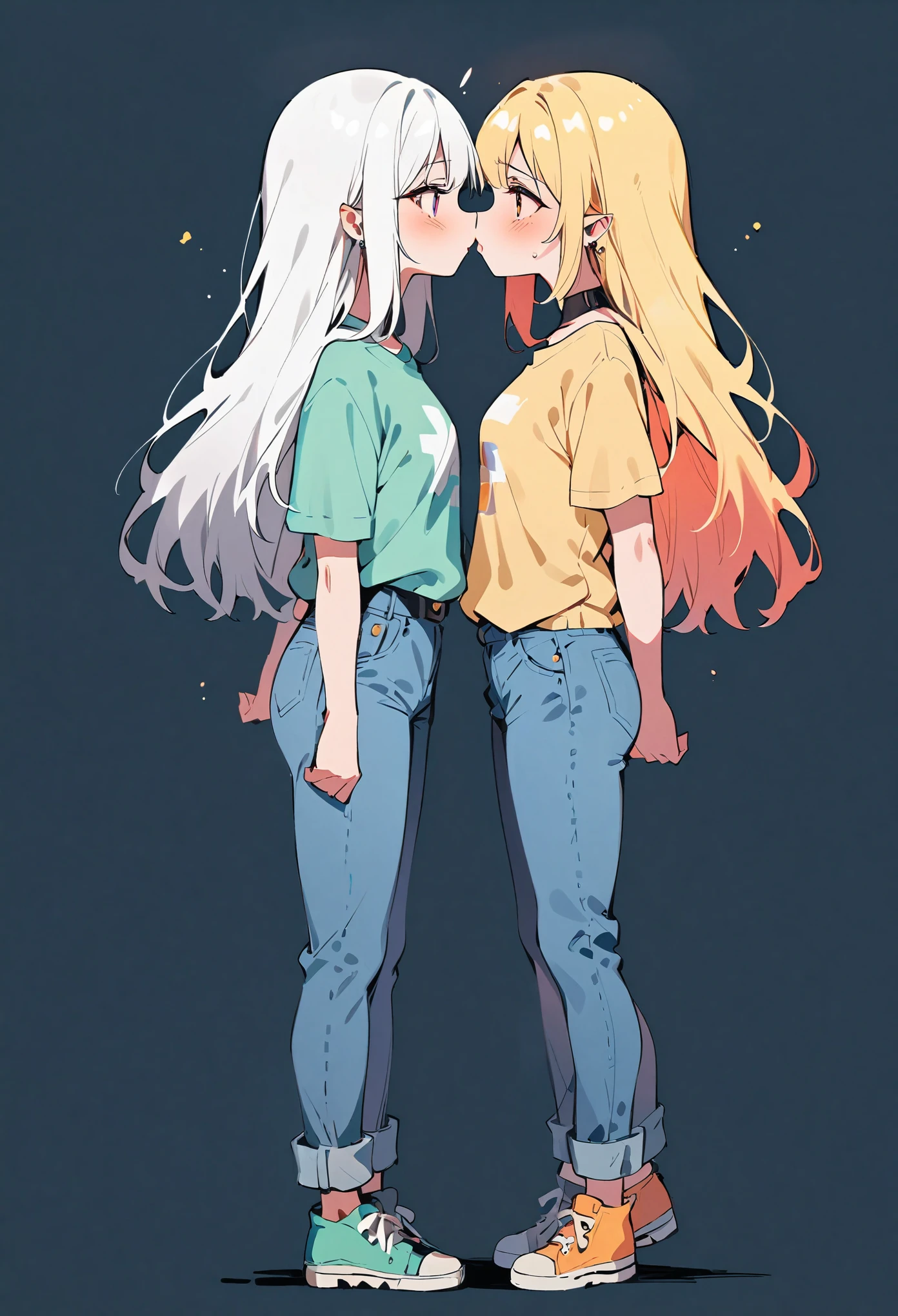 (best quality:1.2), 2 girls, face to face, looking at each other, standing apart, both standing apart, kissing, blue jeans, full body