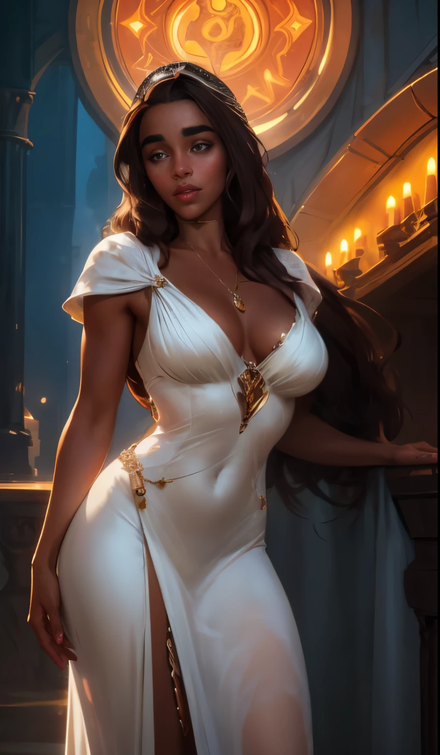 NSFW Neon, Retro, fantasy, Holy Virgin, Goddess, 23-year-old girl, sweet face, with long brown hair, dark skin, in a light open white dress with diamonds on the fabric, expressive breasts, gorgeous, face looks like Emilia Clarke, 8K, HD