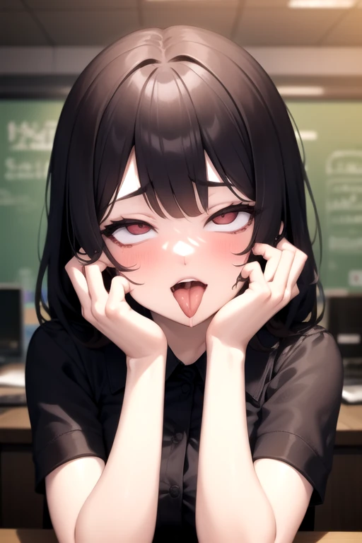 1girl, ahegao, upper body, collared shirt, office, tongue out, hands on own face, rolling eyes,, masterpiece, best quality, highly detailed