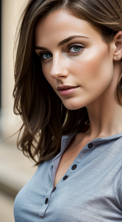 (Masterpiece, best quality, photorealistic, highres, photography, :1.3), very close-up shot, sharp focus, 1 brunette girl, European girl, hot model, highly detailed eyes and pupils, realistic skin, slim body shape, cleavage, extremely detailed hair, delicate face, sensual gaze, shiny lips, ((wearing henley shirt)), outdoor, ((realistic, super realistic, realism, realistic detail))