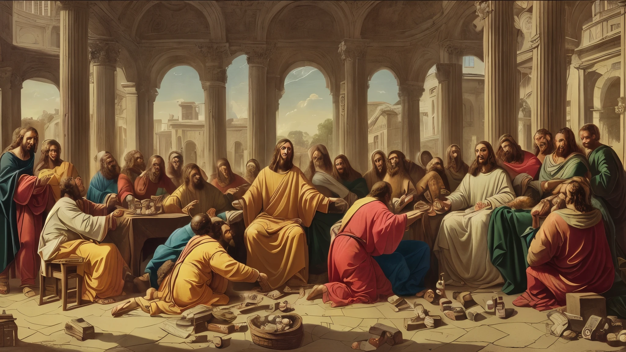 (Jesus Christ and the apostles in an hangover party with prostitutes and lot of drugs)1.1,(Roman poster)1.2,(aural composition, hyper detailed, intricate background)1.3