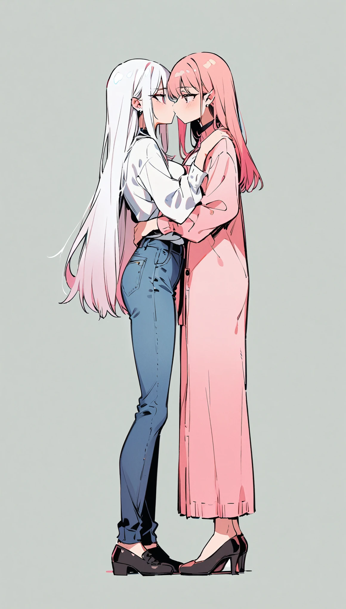 (best quality:1.2), 2 standing girls, facing each other, looking into each other's eyes, both standing with legs apart, kissing, wearing blue jeans, full body