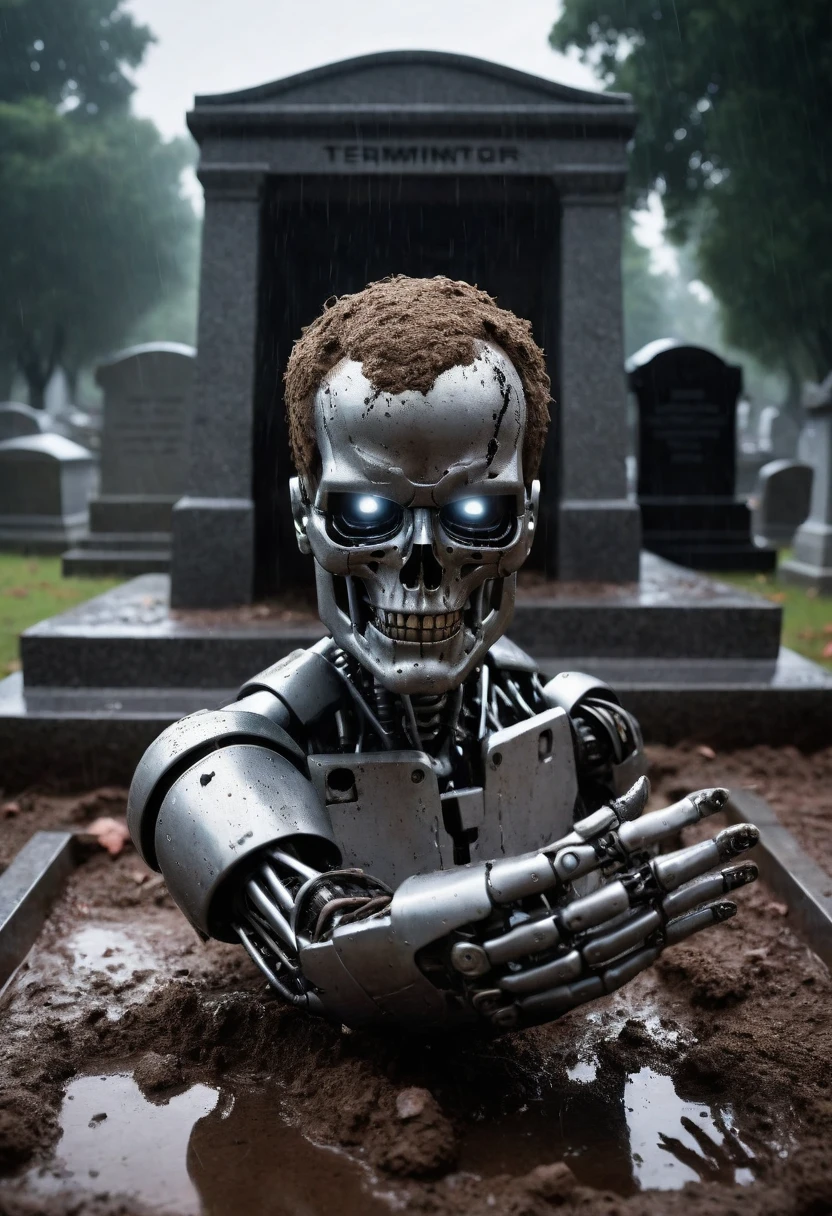 "Capture a close-up of a tomb in a cemetery. From the ground, a robotic hand emerges, with only its metallic parts exposed. Soil is scattered around the hand's exit from the ground. In the background, a tombstone reads 'R.I.P. TERMINATOR.' It's a scene of terror, with heavy rain, dark night, and illumination solely from the lightning in the sky. The depiction is ultra-realistic and detailed, evoking a sense of eerie mystery."