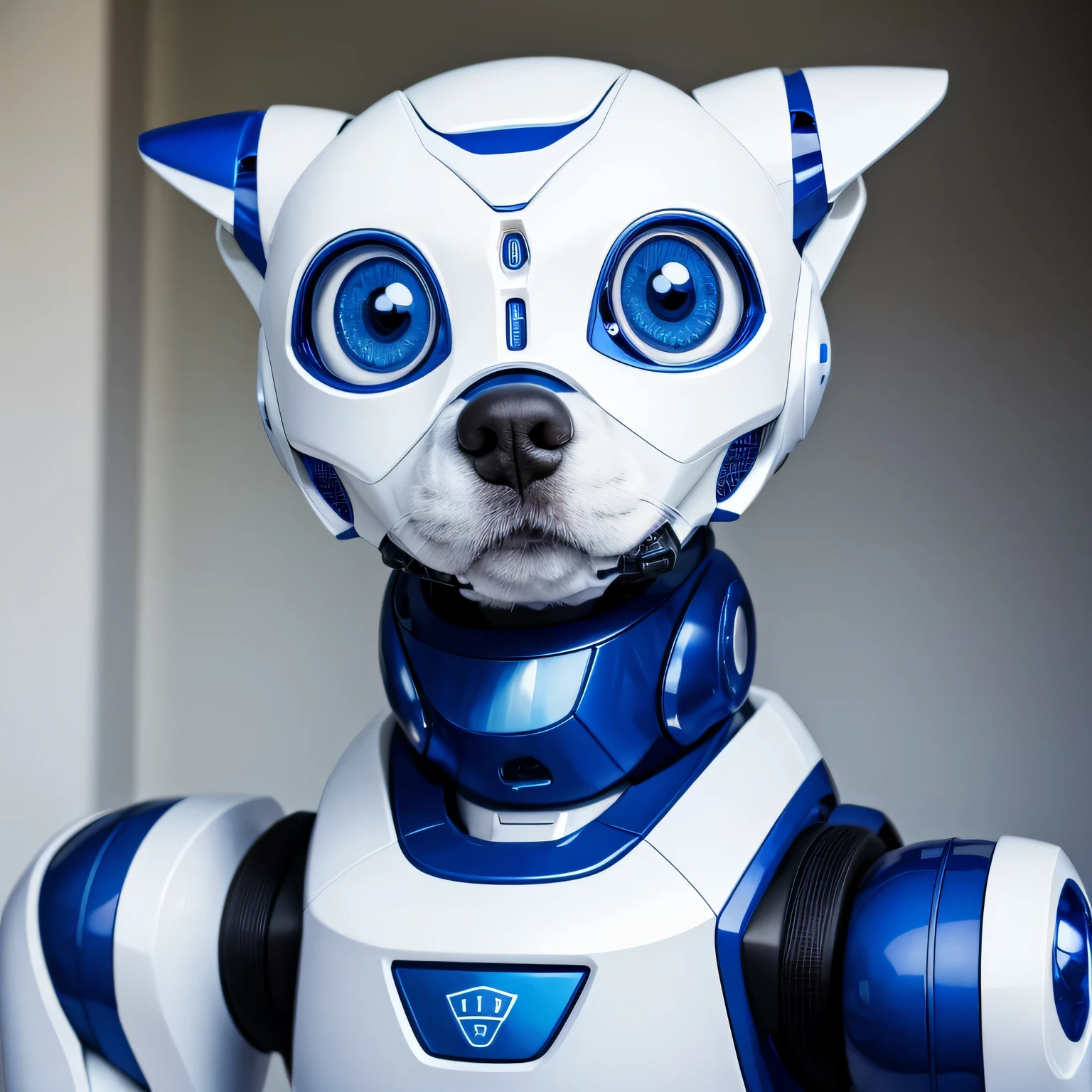 Primer plano, robot dog with blue eyes and robotic face.