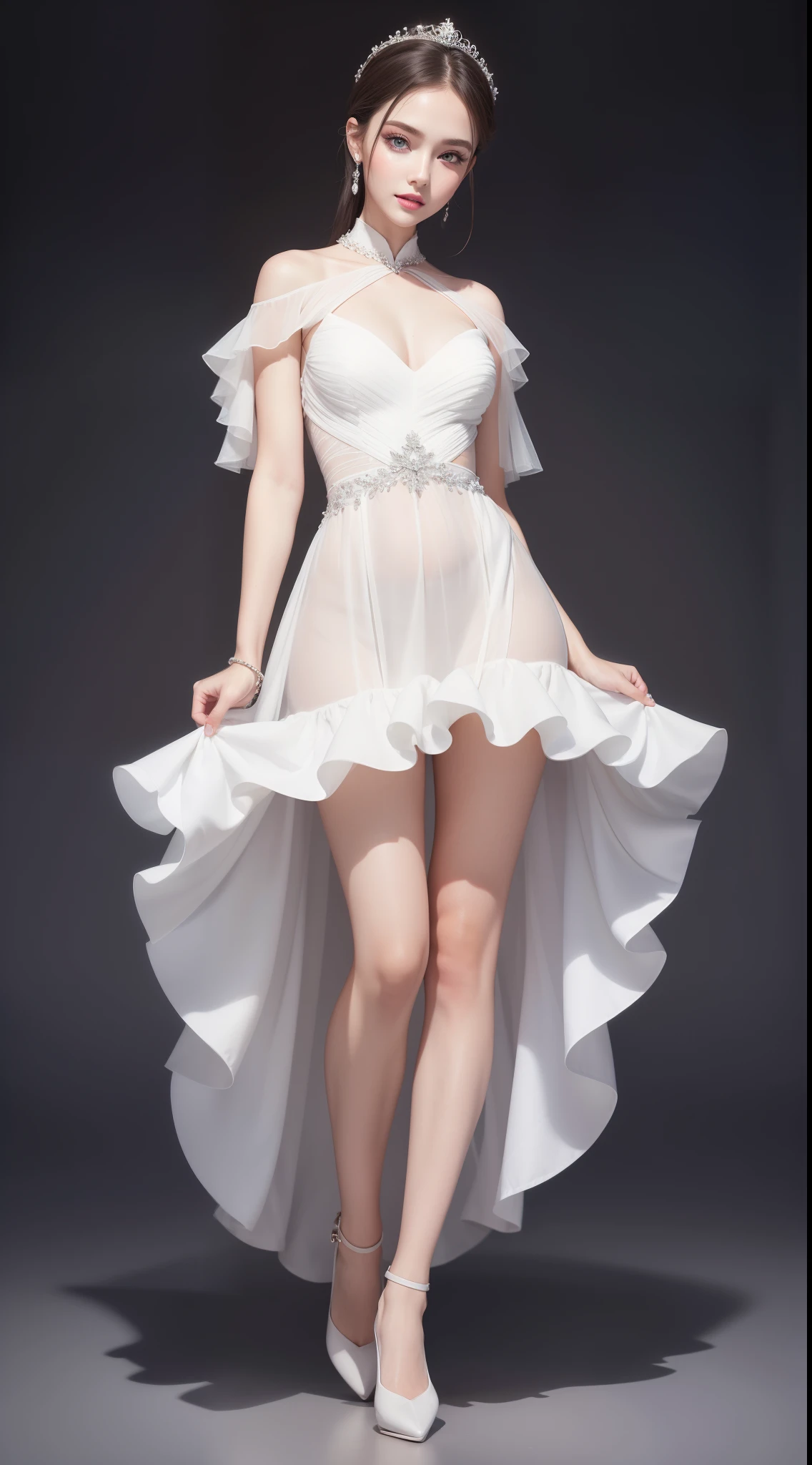 fashion modell, perfect eyes, Perfect iris, Perfect lips, perfect teeth, flawless skin, Glow, (Subdued Color:1.2), Woman,
Gorgeous dress up, white dress,
Standing,
Kamimei, Photorealsitic, 8k picture,
full body,