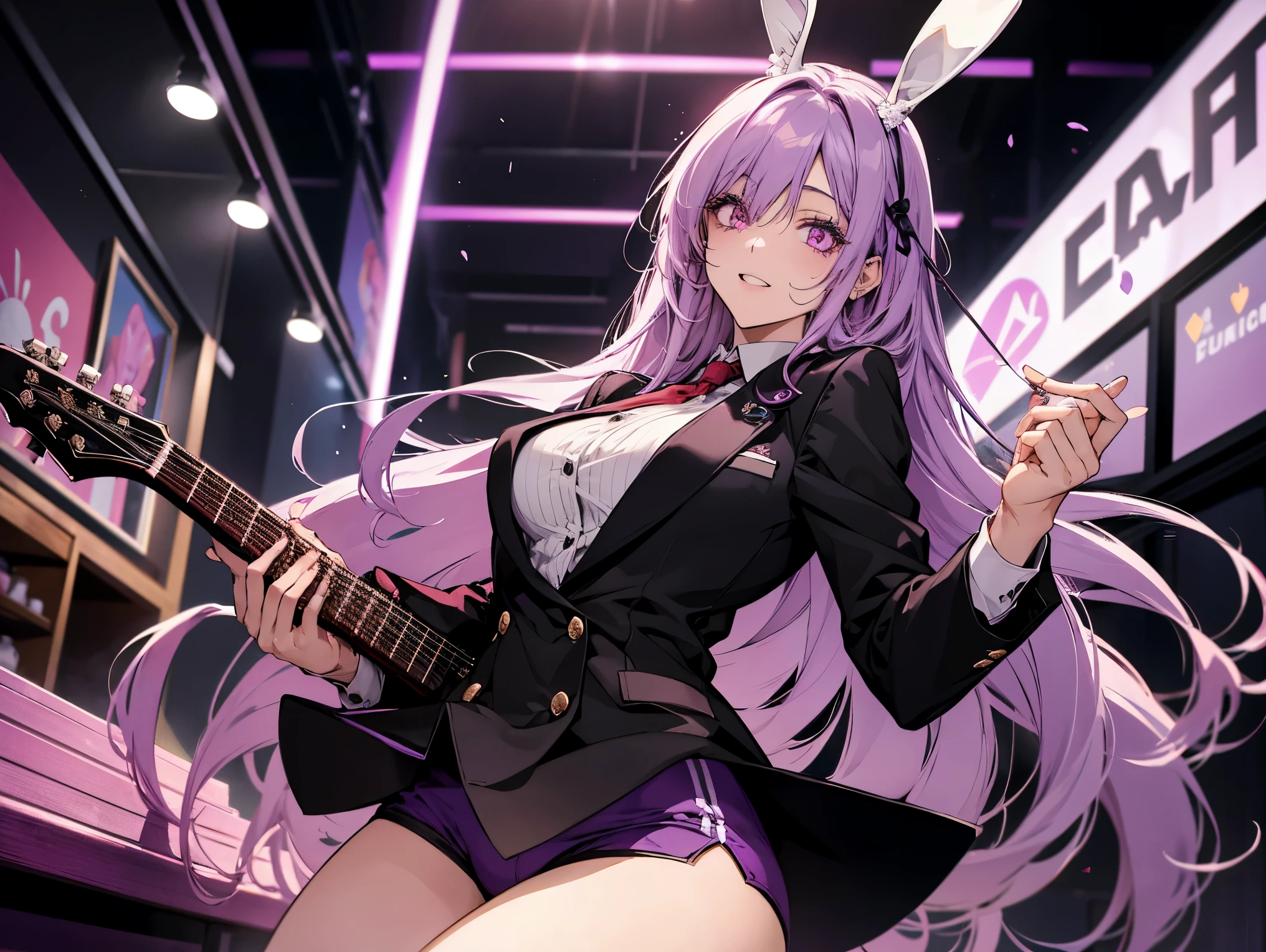 1 female, teacher, wearing a black suit, light purpl tie, bootyshorts, Thicc, light purple hair, long hair, light purple bunny ears, light red eyes, face to detail, detailed eyes, the background is a pizzeria, happy, playing a red guitar