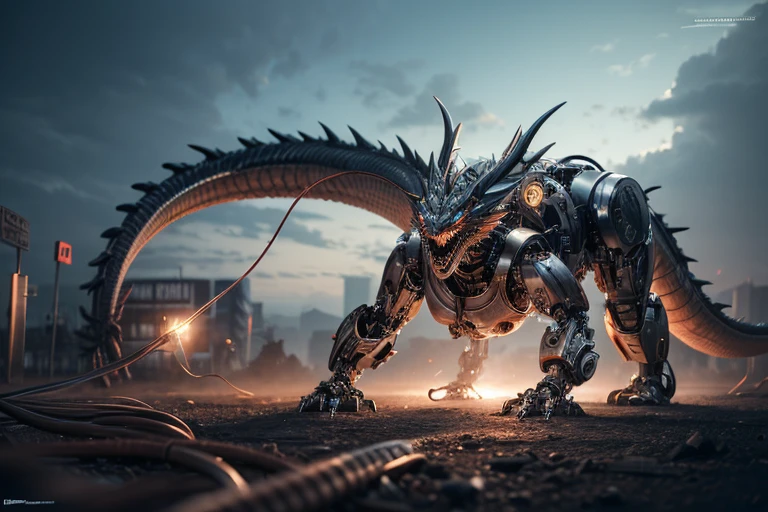 (metal cyborg dragon), (cyborg:1.6), wires ,cables, on all fours roaring, cinematic light, Science fiction, surreal, apocalypse, (CG illustration), (Highly detailed), (high resolution), (Best quality), (masterpiece)