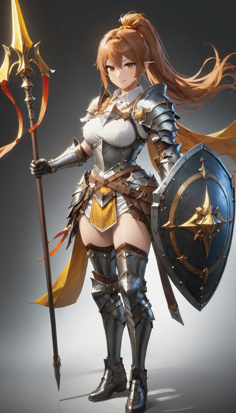 1girl, solo, shield, weapon, thighhighs, polearm, gloves, boots, long-hair, black-background, armor, brown-gloves, ponytail, orange-hair, full-body spear, ribbon, holding, simple-background, holding-weapon, looking-at-viewer, hair-ribbon, black-thighhighs, brown-footwear, smile, brown-eyes, shirt, yellow-eyes, standing, shorts, knee-pads, blue-ribbon, belt, shoulder-armor, white-shirt, vest, ((Spear and Shield)), ((big boobs) 1.1)
