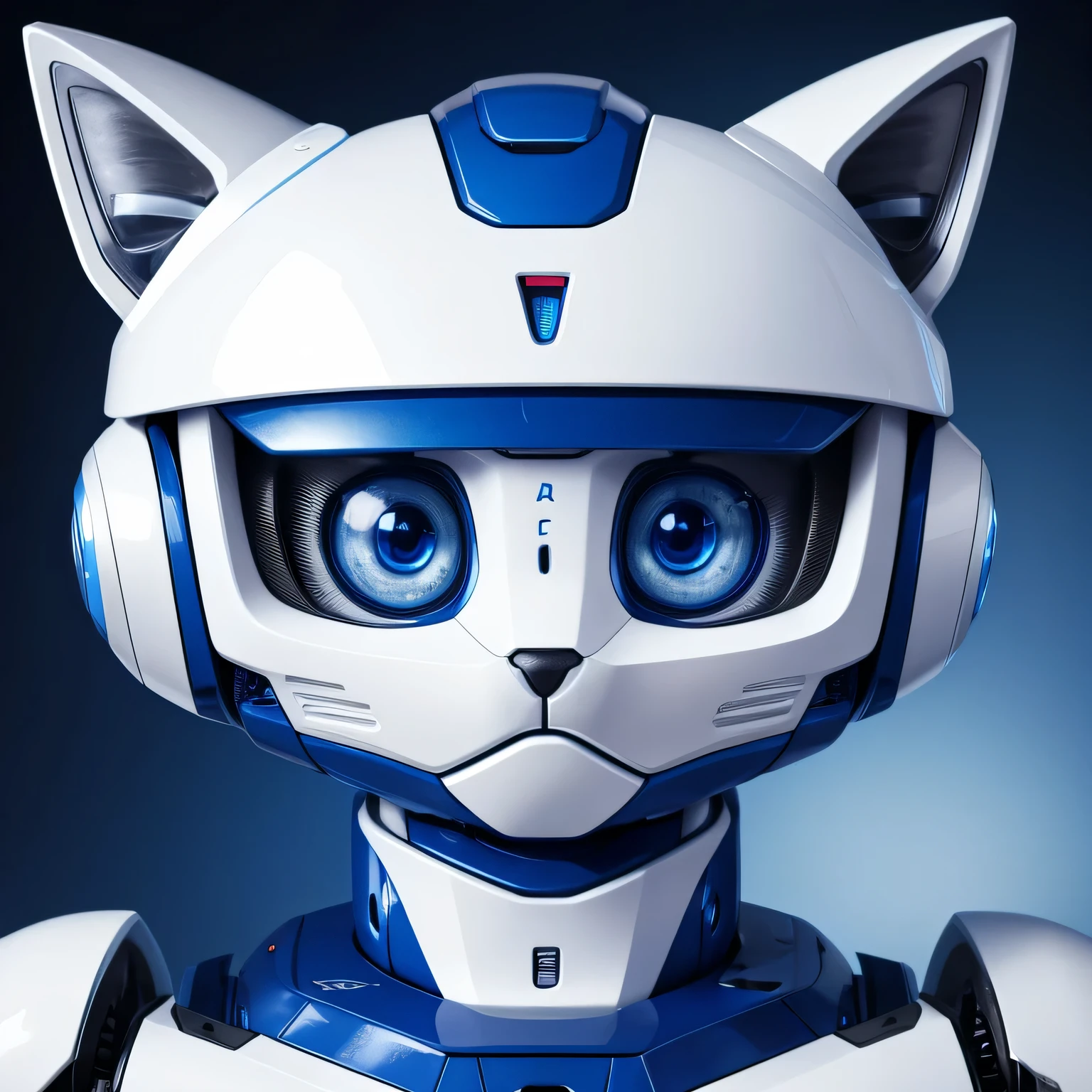 Primer plano, robot kitten with blue eyes and robotic face.