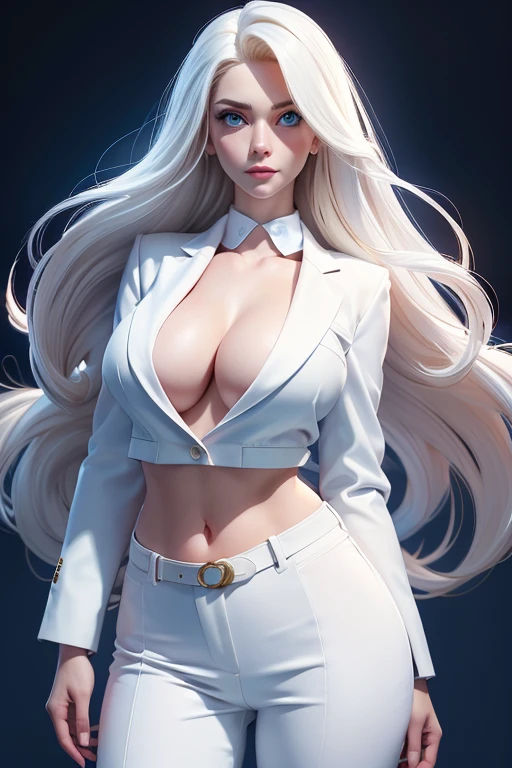 woman with a long face and big blue eyes, big breasts, big hips, belt, white cotton open office jacket, covered navel, cropped legs, cotton, white office suit, long blond hair, front view!, white background, realistic colors, front view, light coming from the right, 8K image quality, Masterpiece