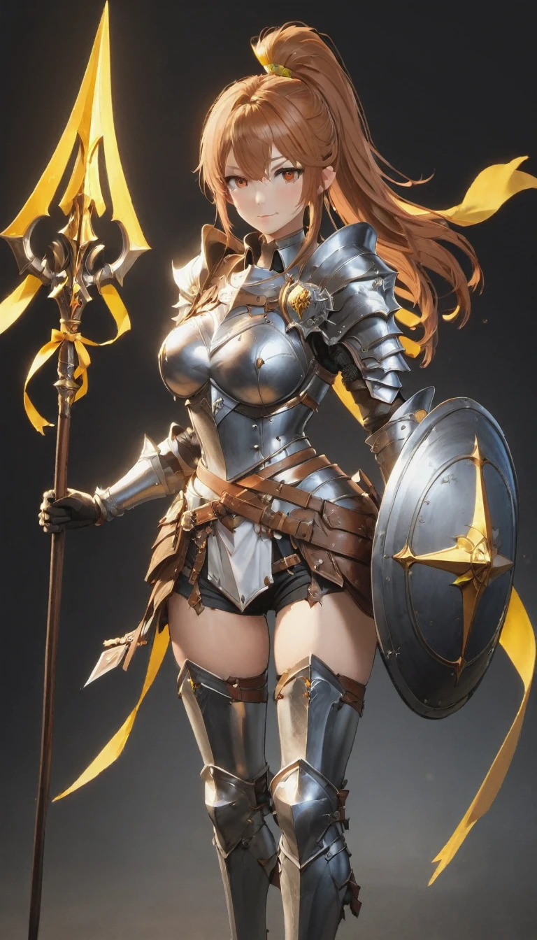 1girl, solo, shield, weapon, thighhighs, polearm, gloves, boots, long-hair, black-background, armor, brown-gloves, ponytail, orange-hair, full-body spear, ribbon, holding, simple-background, holding-weapon, looking-at-viewer, hair-ribbon, black-thighhighs, brown-footwear, smile, brown-eyes, shirt, yellow-eyes, standing, shorts, knee-pads, blue-ribbon, belt, shoulder-armor, white-shirt, vest, ((Spear and Shield)), ((big boobs) 1.2)
