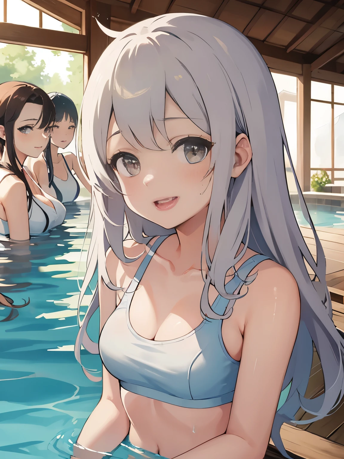 best quality、High resolution、Detailed background、Beautiful and detailed face、Beautiful smooth skin、Texture、professional lighting、Beautiful age girl、((Three women))、beautiful 、small breasts、
There is a large hot spring in the hotel、Hot springs、White Thin Sports Bra、White thin underwear、Soaked all over、
campus trip、Touch one jokingly'Body、sexual expression、laughter、Smile、展示整个Body