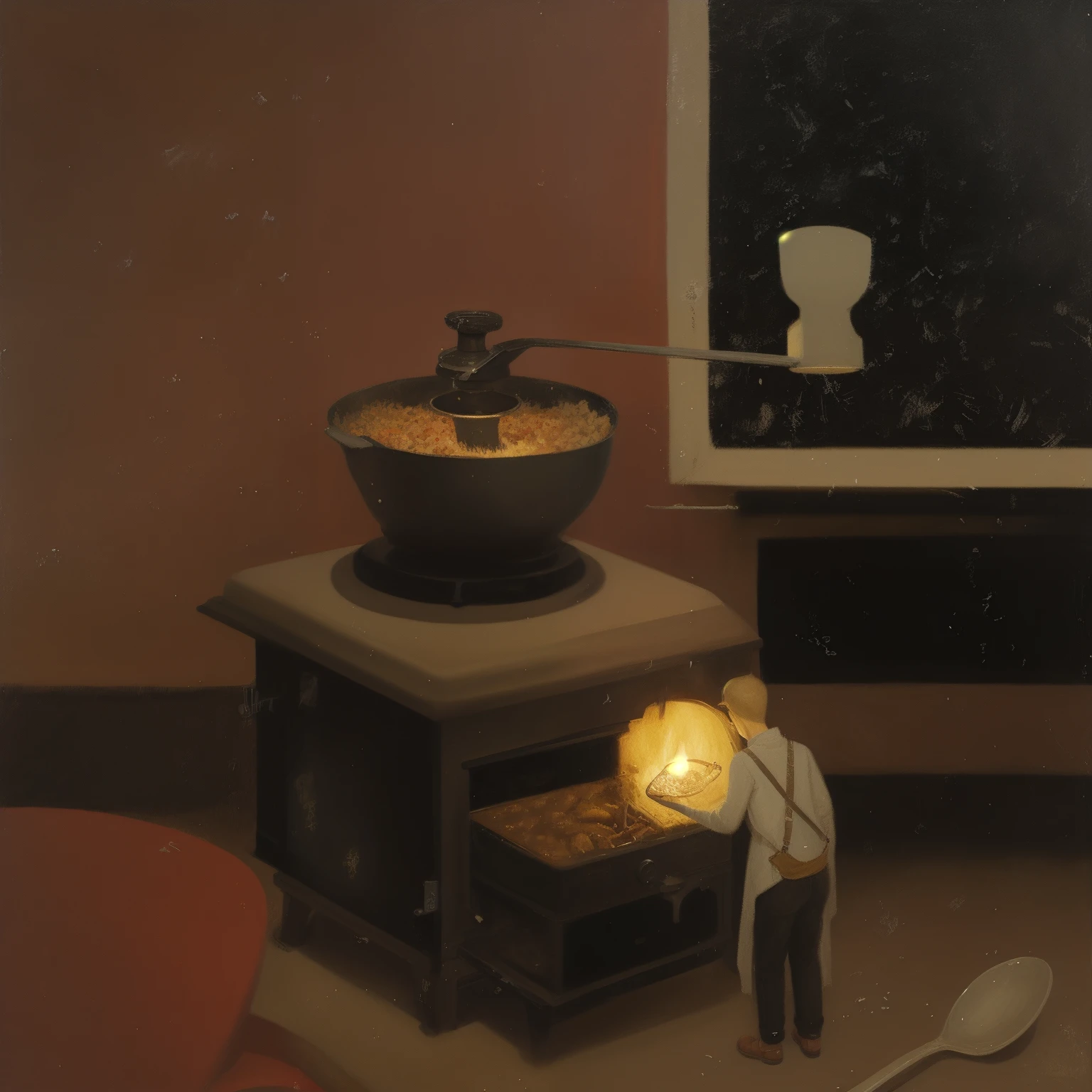 painting of a man standing in front of a stove with a bowl of food, inspired by Hugo Simberg, inspired by David Inshaw, by Yi Inmun, shaun tan, by Josse Lieferinxe, inspired by Ivan Generalić, by Gertrude Abercrombie, rene magritte. detailed, inspired by Gertrude Abercrombie, by Wilhelm Sasnal
