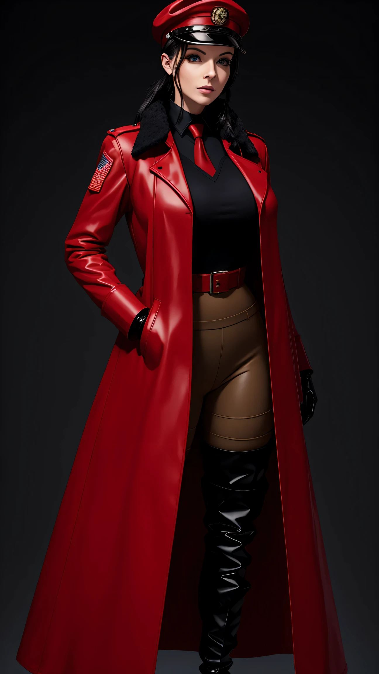 woman in red latex military dress coat, pants, gloves, red belt, knee boots, military cap, red necktie, makeup. Static, enface, solid background, full. back, Tilda, black hair, blue eyes, Big Breasts, tight clothing, Thigh highs,