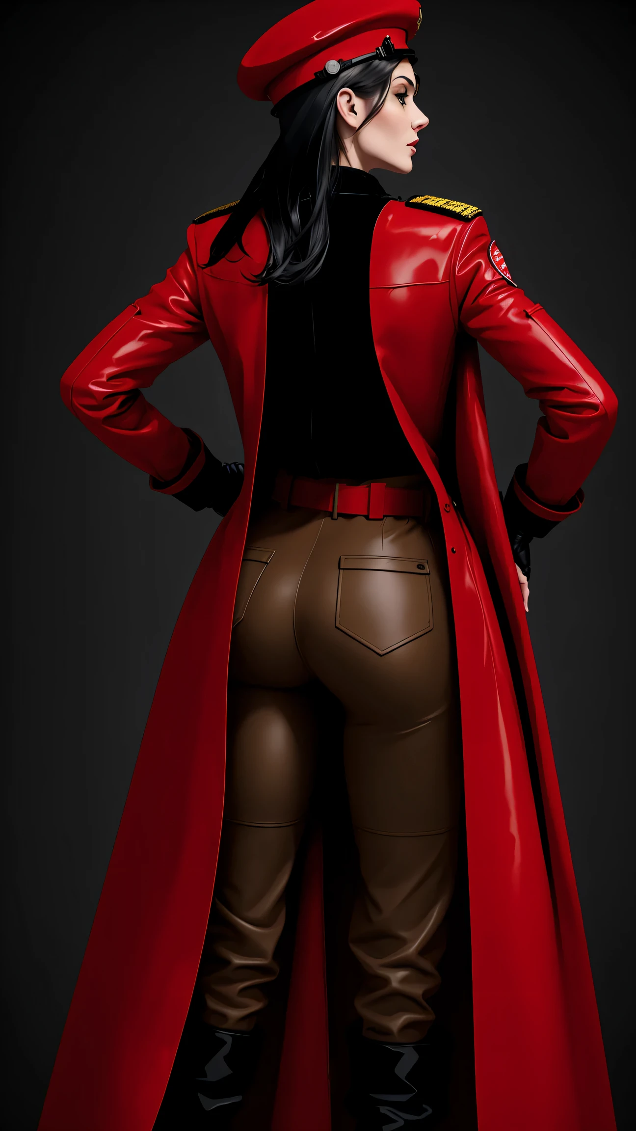 woman in red latex military dress coat, pants, gloves, red belt, knee boots, military cap, red necktie, makeup. Static, enface, solid background, full. back, Tilda, black hair, blue eyes, Big Breasts, tight clothing, Thigh highs,