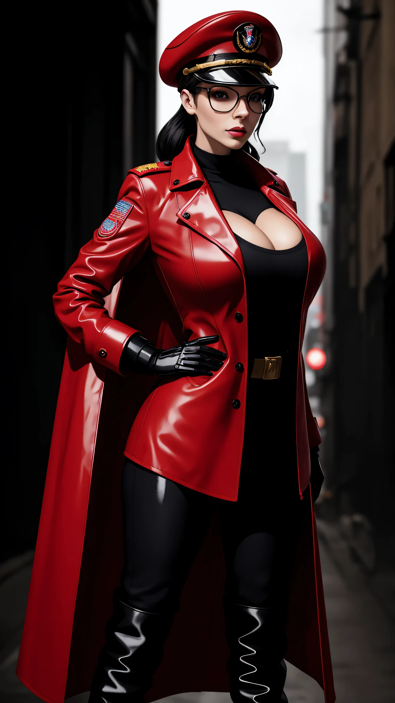 woman in red latex military dress coat, pants, gloves, red belt, knee boots, military cap, red necktie, makeup. Static, enface, solid background, full. back, Tilda, black hair, blue eyes, Big Breasts, tight clothing, Thigh highs,