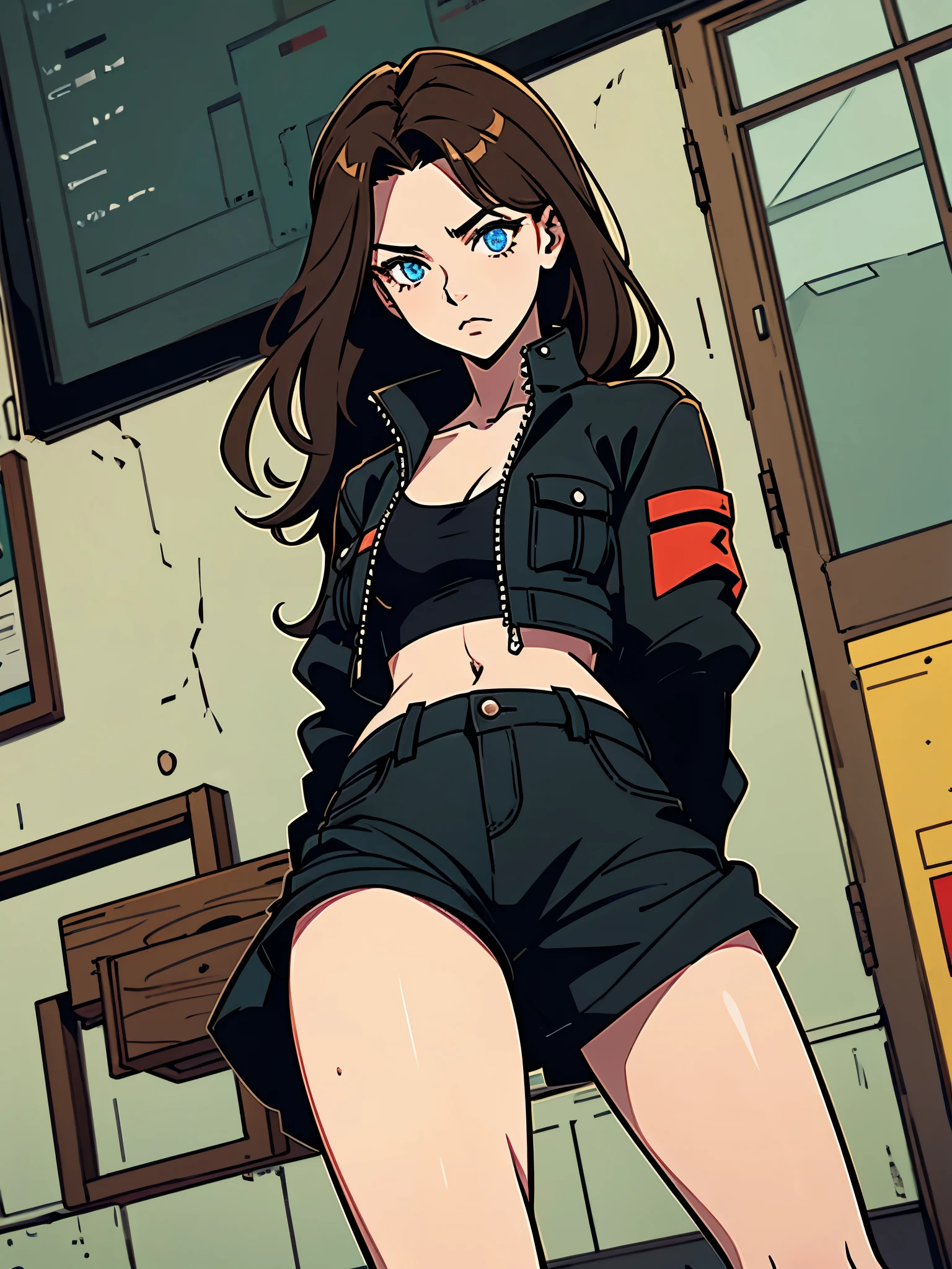 girl, (black cargo jacket), long hair, light brown hair, blue eyes, crop top