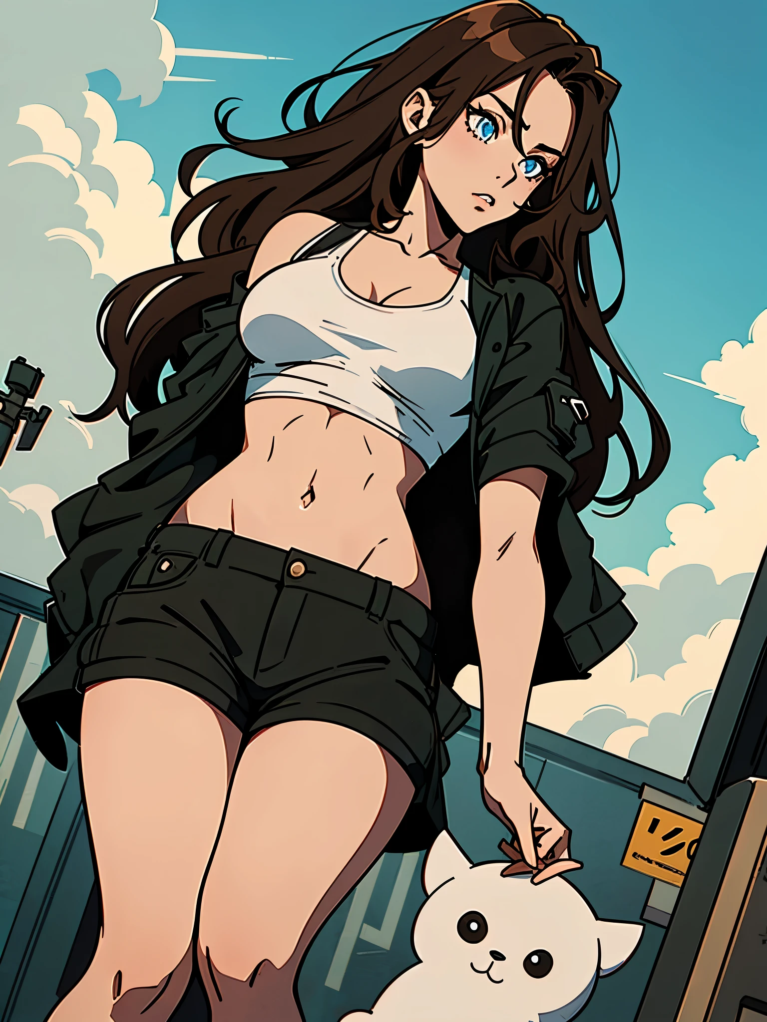 girl, (black cargo jacket), long hair, light brown hair, blue eyes, crop top