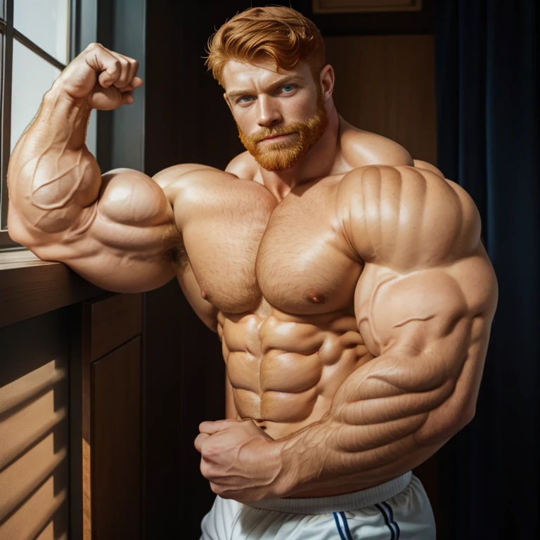 ginger daddy, (1boy), (soft smile), tan skin, (natural daylight:1.3), flexing biceps, perfect biceps, round biceps, arm flexed, bicep flexing pose, (good face:1.5), (male model:1.3), dimly lit, dark studio, young man with a beard, ginger, bodybuilder competition flexing poses, showing off biceps, (handsome:1.5), (beautiful:1.3), gorgeous, high quality face, ginger, extremely attractive, defined muscles,