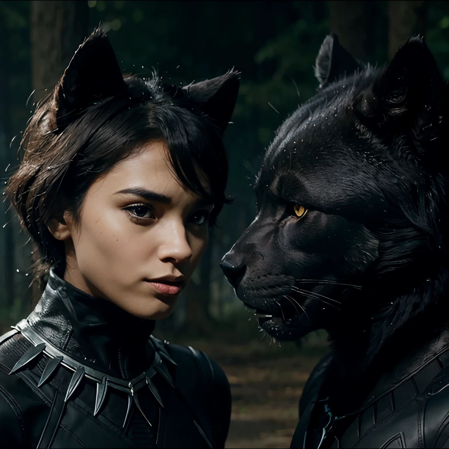 Animation of a black panther and a wolf together looking at each other cartoon animation