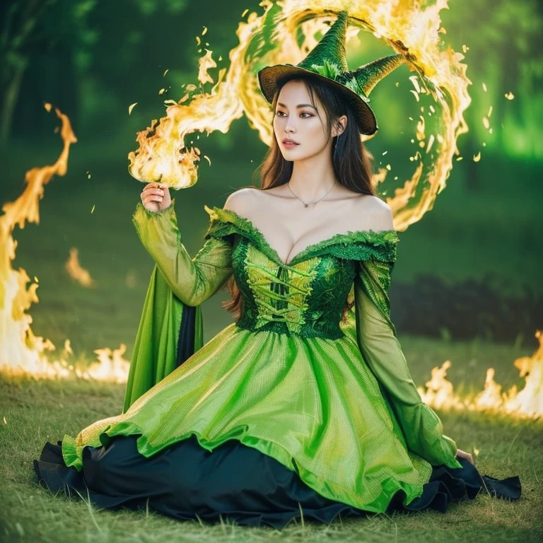 ((highest quality, masterpiece, super A high resolution、the most complex and detailed depiction)), ((One Beautiful Witch、perfect witch、evil dark wizard、sitting、creepy and beautiful costumes、delicate face、small face、Green lips、eye shadow、witch hat、very intricate gothic dress、the most luxurious and intricate decorations、Black and green evil giant princess dress、The most gorgeous and wicked giant princess dress、The most gorgeous green and black princess dress、cleavage、Green Flame、Huge green flame、filled with green flame、Big green flame、Giant Pillar of Fire、Realistic green flames、Green Flame、Huge green flame、the most luxurious and intricate costumes、evil witch complete costume))、((Take photos from your feet、perfect gas chamber、The background is a burnt field、Grassland burning with Huge green flames、Green burning grassland、Grassland burning with Huge green flames、Grassland filled with Huge green flames))