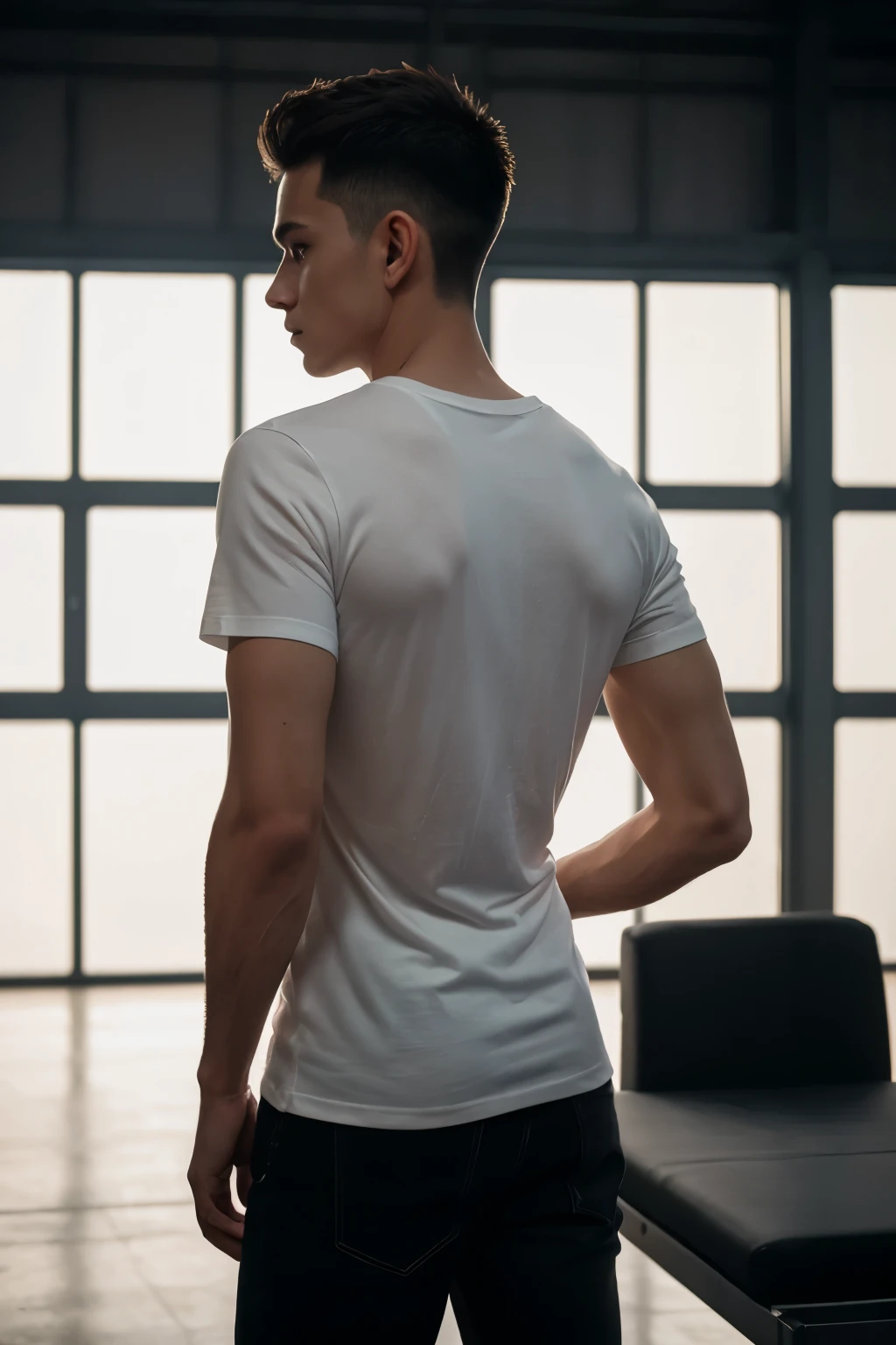 masterpiece, real photo, realistic, masterpiece, foto, studio, male man, young, slim, white t-shirt, posing with back to camera, in a hangar, dark light, smooth lighting, t-shirt, normal t-shirt, showing his back, backwards to camera, matte material, matte fabric