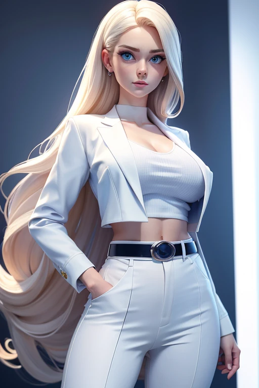 woman with a long face and big blue eyes, big breasts, big hips, belt, white cotton open office jacket, covered navel, cropped legs, cotton, white office suit, long blond hair, front view!, white background, realistic colors, front view, light coming from the right, 8K image quality, Masterpiece