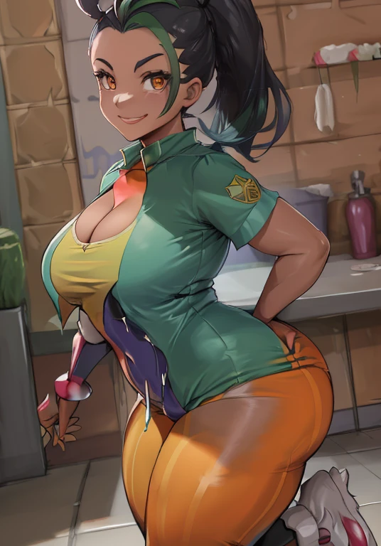 (masterpiece:1.2, best quality:1.2, beautiful, high quality, highres:1.1, aesthetic), detailed, extremely detailed, ambient soft lighting, 4K, perfect eyes, perfect face, perfect lighting, 1girl, solo,absurdres, Nemona_Pokemon, black hair, green hair, orange eyes, dark skin, multicolored hair, two-tone hair, hair pulled back, cleavage, face paint, clown outfit, colorful outfit, skintight outfit, jester hat, pointy shoes, huge ass, huge breasts, huge thighs, narrow waist, wide hips, thick thighs, curvy, smiling, looking at viewer, cowboy shot,