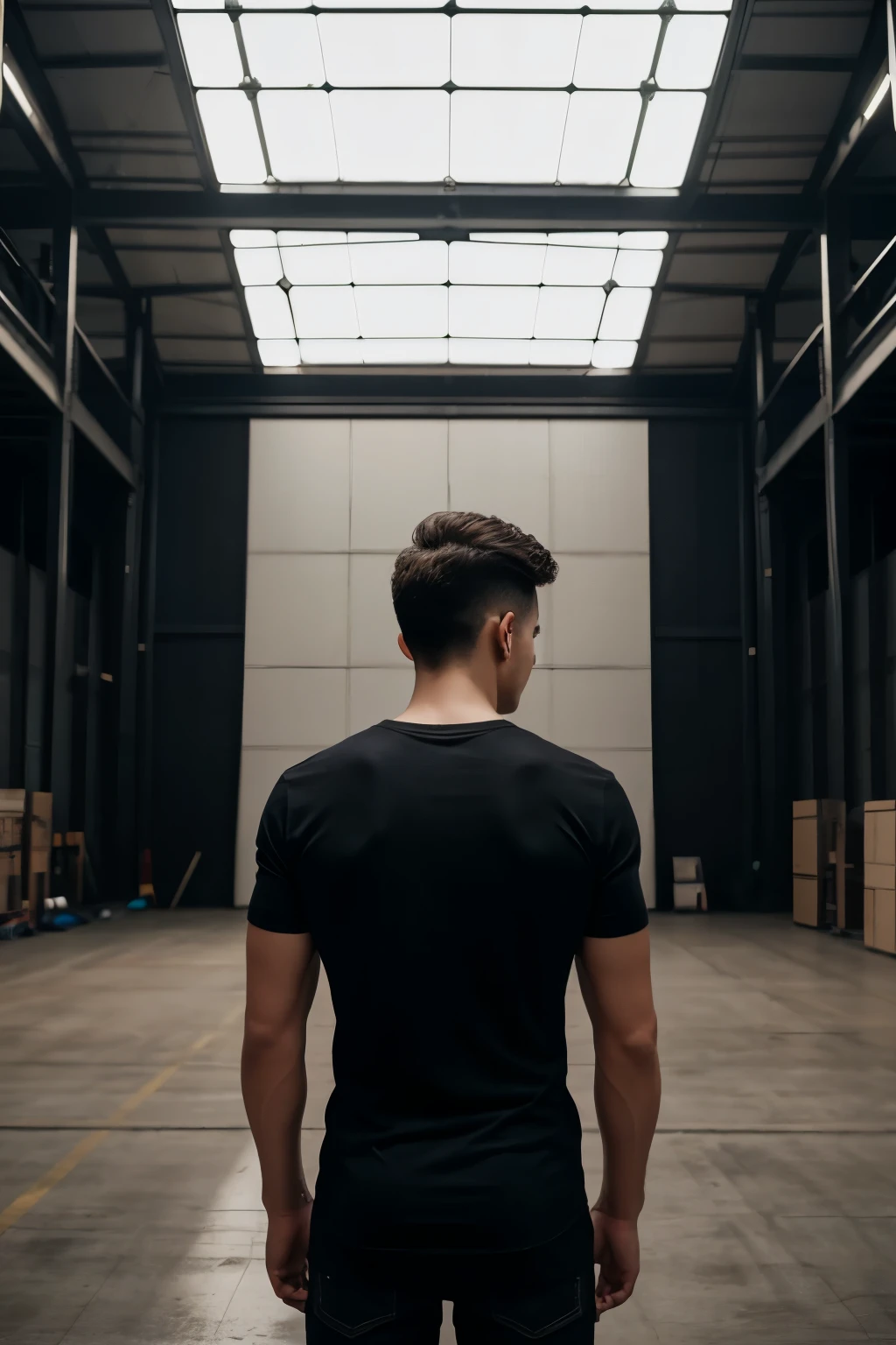masterpiece, real photo, realistic, masterpiece, foto, studio, male man, young, slim, black t-shirt, posing with back to camera, in a hangar, dark light, smooth lighting, t-shirt, normal t-shirt, showing his back, backwards to camera, matte material, matte fabric