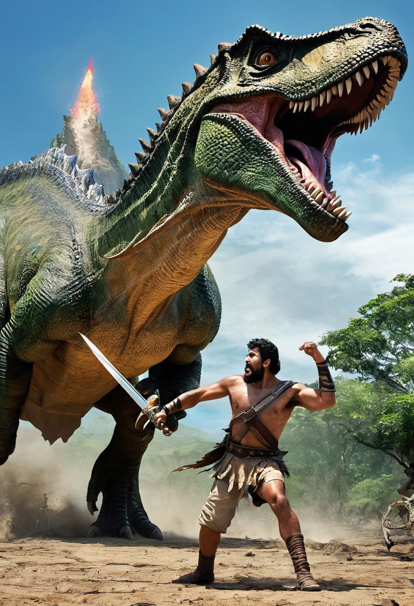 En un escenario antiguo y salvaje, un hombre guerrero se enfrenta valientemente a un dinosaurio gigante. The warrior wields a gleaming sword as he dodges the dinosaur's powerful attacks with agility and dexterity. His tense muscles and determined gaze reflect his determination to survive in this epic fight between man and prehistoric beast.. The dinosaur's roar echoes across the landscape as the battle reaches its climax., with the fate of both at stake in this confrontation between two ancient worlds.