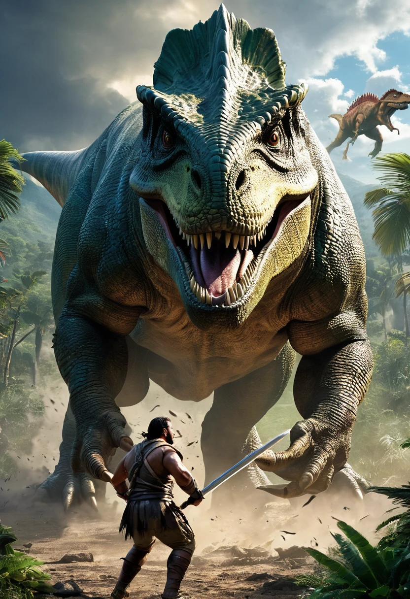 En un escenario antiguo y salvaje, un hombre guerrero se enfrenta valientemente a un dinosaurio gigante. The warrior wields a gleaming sword as he dodges the dinosaur's powerful attacks with agility and dexterity. His tense muscles and determined gaze reflect his determination to survive in this epic fight between man and prehistoric beast.. The dinosaur's roar echoes across the landscape as the battle reaches its climax., with the fate of both at stake in this confrontation between two ancient worlds.