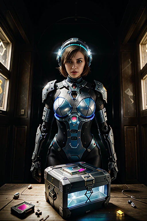 (best quality,4k,8k,highres,masterpiece:1.37), ultra-detailed, (realistic,photorealistic,photo-realistic:1.37), (aerial view), (top down perspective), 1woman, (the foreground is a woman pulling a video game cartridge out of a futuristic artifact box full of video game cartridges:1.6), (the woman is looking down:1.4), (Futuristic artifact box), (the artifact box is open), (The scene unfolds inside a mystical cavern:1.4), robot joints, mecha, (The woman is wearing a biomechanical suit, made with glass details, covering her entire body:1.5), gatchaman, (She has a helmet glass visor:1.4), (dynamic angle:1.37), headgear, mechanical parts, (The woman's headgear is made of fractal mechanical parts:1.4), (fantasy and sci-fi mixed:1.37), holographic glitch effects floats around the woman, vibrant colors, (A blue glow emanates from inside the treasure chest), glowing lights, (abandoned machinery), (there are video game cartridges and consoles on the background), mystical creatures, (there are crystal formations spreading on the background), (futuristic technology), (ancient artifacts), mystical energy, vibrant retro aesthetic, atmospheric lighting, ancient ruins, mysterious symbols, lush vegetation, nostalgic atmosphere, epic adventure, delightful surprise