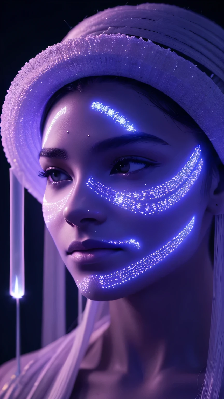 Visual depiction of a fragment of a human, a lifeform native to Earth.
Focus on facial aspect, with illumination enhancing pigmentation variances.
SPECULATION
Artificially augmented keratinous filaments may indicate ritualistic display. Gloss on protrusion
possibly a form of mate attraction. Ambient luminescence could imply a ceremonial significance.