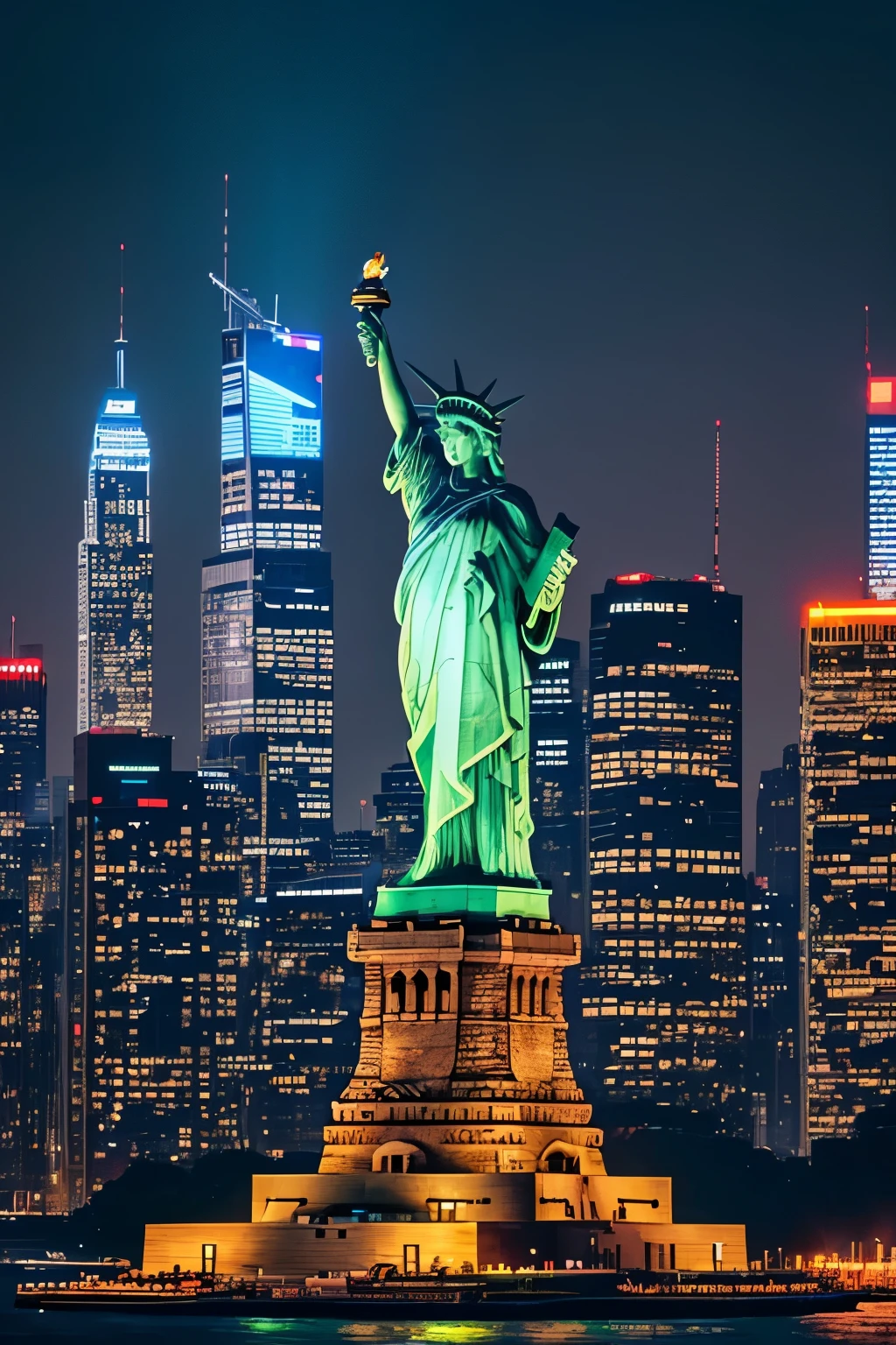 A hyper realistic, ultra HD image of the iconic Statue of Liberty in the heart of a cyberpunk city during the vibrant nighttime hours. The statue shines brightly under the intense neon lights, casting an ethereal glow on its intricately detailed surface. The vibrant colors of the city's futuristic landscape contrast sharply with the timeless beauty of the statue, transporting viewers to a world of sci-fi wonders. Each line, crease, and texture on the statue's surface is rendered in exquisite detail, resulting in a true masterpiece worthy of the highest resolution displays.photographed in a Canon EOS R5, 50mm lens