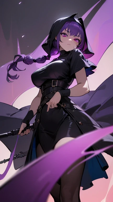 ((Best Quality, 8K, Masterpiece: 1.3)), 1girl, Beauty: 1.3, (Hairstyle Casual ,purple hair, Big Breasts: 1.2), dark fantasy nun, fighter, big weapon, wearing armor, black outfit: 1.1, Super Fine Face, Delicate galaxy eye color, zealous ,battle nun, vampire hunter, red accents. sexy, vengeful look, 