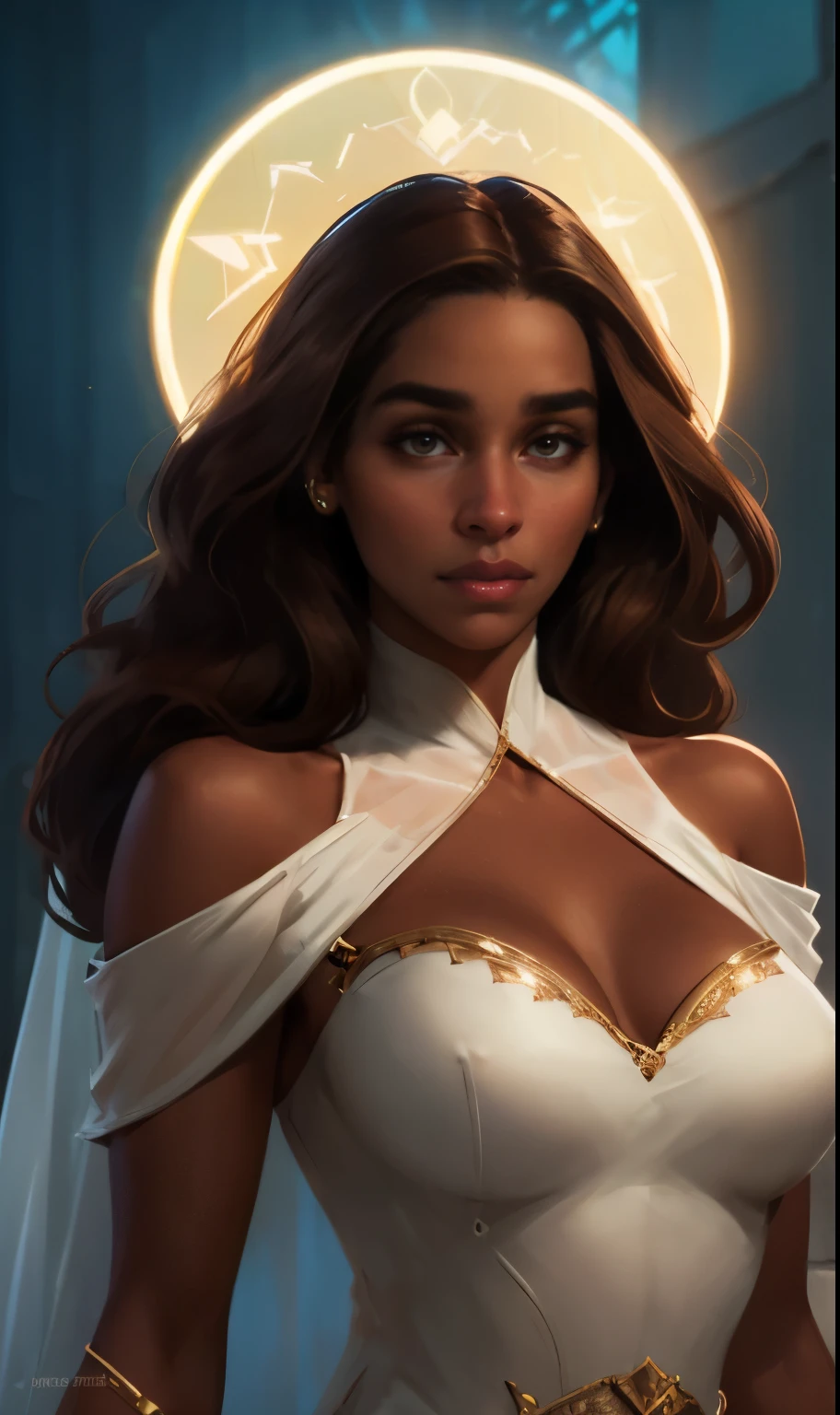 NSFW Neon, Retro, fantasy, girl, sweet face, with long brown hair, dark skin, in a light open white dress with a low neckline on the chest with diamonds on the fabric with open shoulders, expressive breasts, gorgeous, face looks like Emilia Clarke, 8K, HD