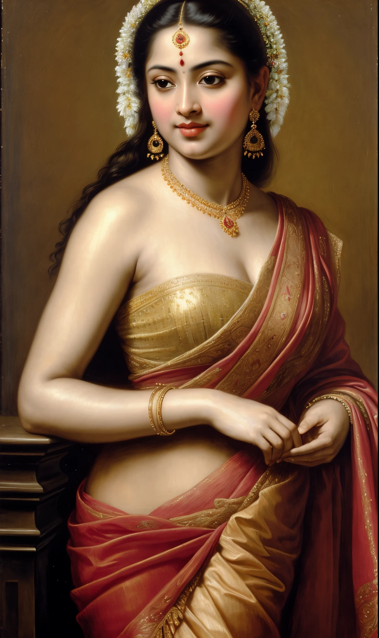 Beautiful Indian Woman, wearing saree, sari Beauty, gorgeous, Apsara, Maharani, royal queen woman, nymph from Hindu Mythology, Urvashi, matchless beauty, Highly detailed, Oil Painting by Peter Paul Rubens inspired by Raja Ravi Varma, Matchless beauty, captivating, gorgeous, heavenly beauty, celestial beauty, by Peter Paul Rubens, 13, realistic, hyper realistic, micro details, incredible artwork, insane details, ultra High resolution, 8k, 32k, acrylic on canvas, intricate, flawless, detailed, detailed face, detailed eyes, masterpiece, by Peter Paul Rubens, by Caravaggio, by William Adolphe bouguereau, perfect face, perfect body, beautiful art, realism, baroque, renaissance Art, highly textured, beautiful and detailed eyes, uhd, best quality,