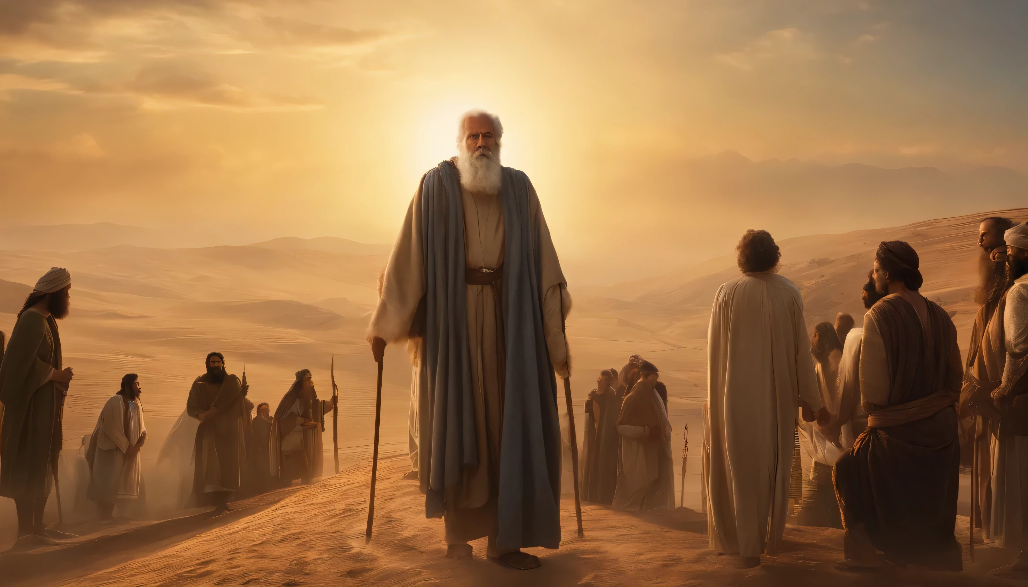 Draw an illustrative image of Moses as a figure of inspiration. The setting is majestic and uplifting, with the sun shining in the blue sky and soft clouds in the background. Moses is depicted standing, Walking ahead of the Hebrew people, com um olhar preocupado no seu rosto. He is dressed in his traditional clothes, holding the stick firmly in one hand. The Hebrew people are gathered around him, homens, Women and children, everyone looking at Moses in anger. No fundo, a Terra Prometida pode ser vista em toda a sua beleza, com colinas, Rivers and fertile fields, symbolizing the realization of the journey led by Moses. The scene conveys the idea of charismatic and inspiring leadership, highlighting Moses as a spiritual guide and reference figure for his people