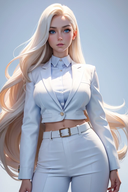 woman with a long face and big blue eyes, big breasts, big hips, belt, white cotton open office jacket, covered navel, cropped legs, cotton, white office suit, long blond hair, front view!, white background, realistic colors, front view, light coming from the right, 8K image quality, Masterpiece