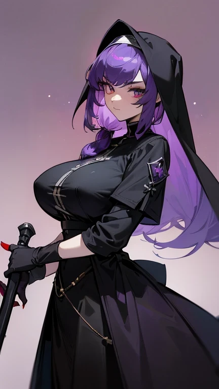 ((Best Quality, 8K, Masterpiece: 1.3)), 1girl, Beauty: 1.3, (Hairstyle Casual ,purple hair, Big Breasts: 1.2), dark fantasy nun, fighter, big weapon, wearing armor, black outfit: 1.1, Super Fine Face, Delicate galaxy eye color, zealous ,battle nun, vampire hunter, red accents. sexy, vengeful look,
