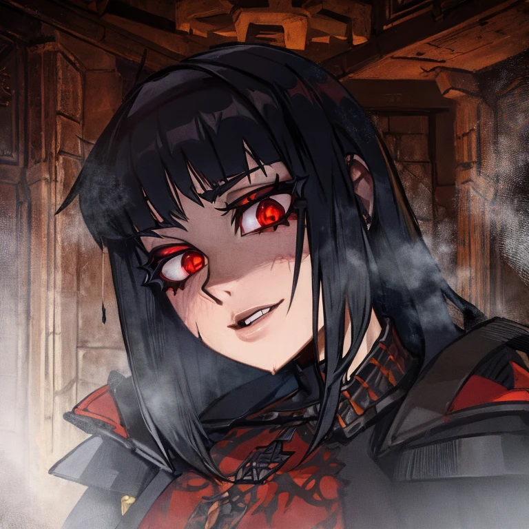 (best quality,ultra-detailed,realistic),portrait, girl with armor,detailed black unkempt hair,intense red eyes,black smoke coming out of mouth,abandoned chapel,medieval armor with intricate details,tattered cloak,dark and gloomy atmosphere,dusty and decaying surroundings,religious symbols,crumbling walls and ceiling,soft and dramatic lighting,vivid colors with a desaturated tone