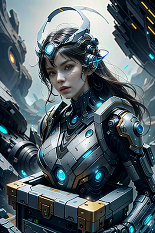 (best quality,4k,8k,highres,masterpiece:1.37), ultra-detailed, (realistic,photorealistic,photo-realistic:1.37), (aerial view), (top down perspective), 1woman, (the foreground is a woman pulling a video game cartridge out of a futuristic artifact box full of video game cartridges:1.6), (the woman is looking down:1.4), (Futuristic artifact box), (the artifact box is open), (The scene unfolds inside a mystical cavern:1.4), robot joints, mecha, fractal_body, (The woman is wearing a biomechanical suit, made with glass details, covering her entire body:1.5), gatchaman, (She has a helmet glass visor:1.4), (dynamic angle:1.37), headgear, mechanical parts, (The woman's headgear is made of fractal mechanical parts:1.4), (fantasy and sci-fi mixed:1.37), holographic glitch effects floats around the woman, vibrant colors, (A blue glow emanates from inside the treasure chest), glowing lights, (abandoned machinery), (there are video game cartridges and consoles on the background), mystical creatures, (there are crystal formations spreading on the background), (futuristic technology), (ancient artifacts), mystical energy, vibrant retro aesthetic, atmospheric lighting, ancient ruins, mysterious symbols, lush vegetation, nostalgic atmosphere, epic adventure, delightful surprise