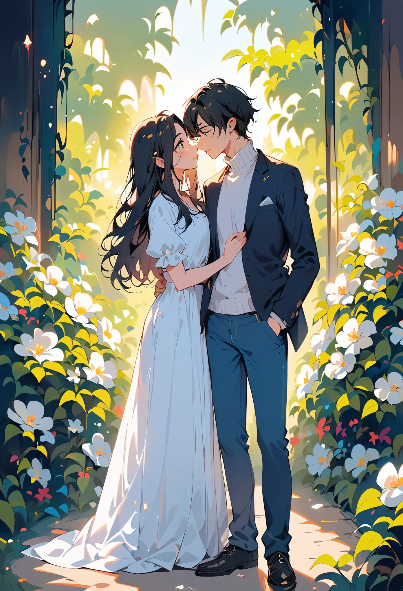 (best quality:1.2), 1 girl, 1 boy, face to face, looking at each other, standing apart, both standing apart, kissing, blue jeans, full body, acrylic painting, vibrant colors, soft lighting, detailed facial features, expressive eyes and lips, tousled hair, outdoor scene, lush green garden, blooming flowers, warm sunlight, gentle breeze, romantic atmosphere