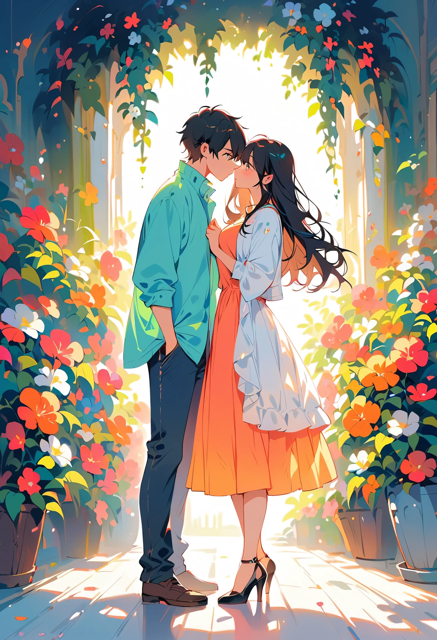 (best quality:1.2), 1 girl, 1 boy, face to face, looking at each other, standing apart, both standing apart, kissing, blue jeans, full body, acrylic painting, vibrant colors, soft lighting, detailed facial features, expressive eyes and lips, tousled hair, outdoor scene, lush green garden, blooming flowers, warm sunlight, gentle breeze, romantic atmosphere