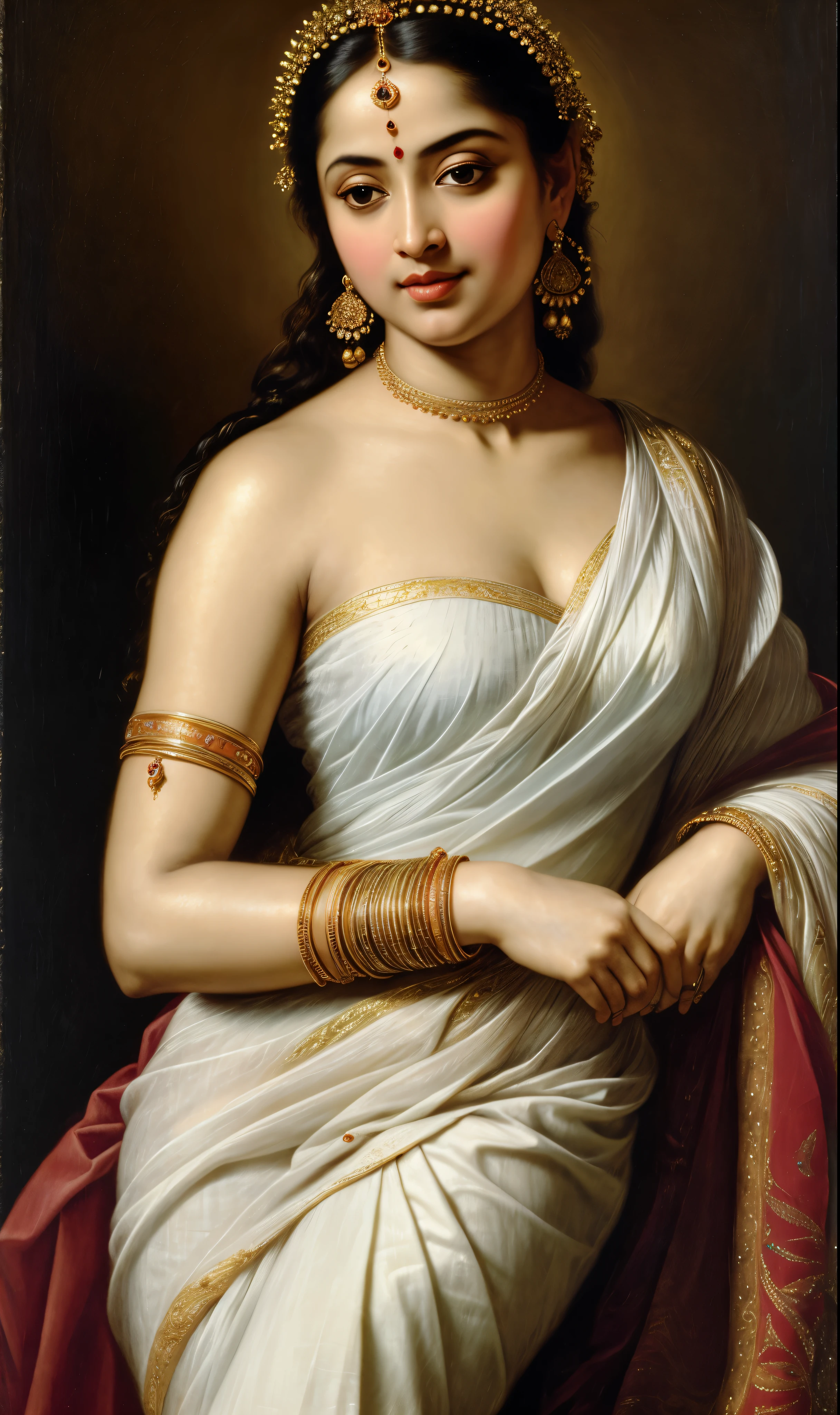 Beautiful Indian Woman, wearing saree, sari Beauty, gorgeous, Apsara, Maharani, royal queen woman, nymph from Hindu Mythology, Urvashi, matchless beauty, Highly detailed, Oil Painting by Peter Paul Rubens inspired by Raja Ravi Varma, Matchless beauty, captivating, gorgeous, heavenly beauty, celestial beauty, by Peter Paul Rubens, 13, realistic, hyper realistic, micro details, incredible artwork, insane details, ultra High resolution, 8k, 32k, acrylic on canvas, intricate, flawless, detailed, detailed face, detailed eyes, masterpiece, by Peter Paul Rubens, by Caravaggio, by William Adolphe bouguereau, perfect face, perfect body, beautiful art, realism, baroque, renaissance Art, highly textured, beautiful and detailed eyes, uhd, best quality,
