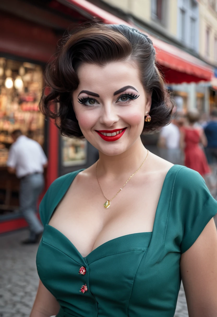 8K, Best quality, Meisterwerk, Ultra high resolution, (Realismus: 1.4), Originalfoto, (realistische Hautstruktur: 1.3), (Filmkorn: 1.3), (Selfie-Winkel), 1 girl, Beautiful eyes and facial details, Meisterwerk, Best quality, Full body shot, den Betrachter anschauen, langes glatter roter messy bob, grosse Brust, dezentes Make-Up mit Eyeliner, embarrassed smile, 1960s rockabilly outfit dress, street photography