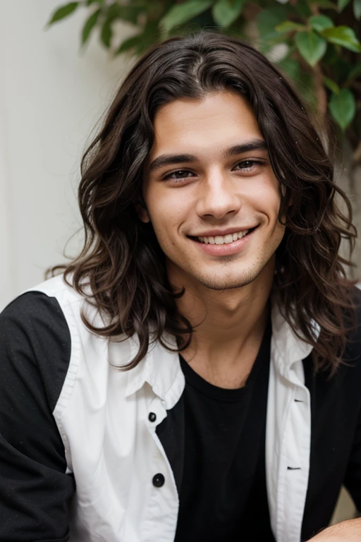 handsome mixed white and black with dark wavy hair 21 year old male model, happy and smiling, portrait