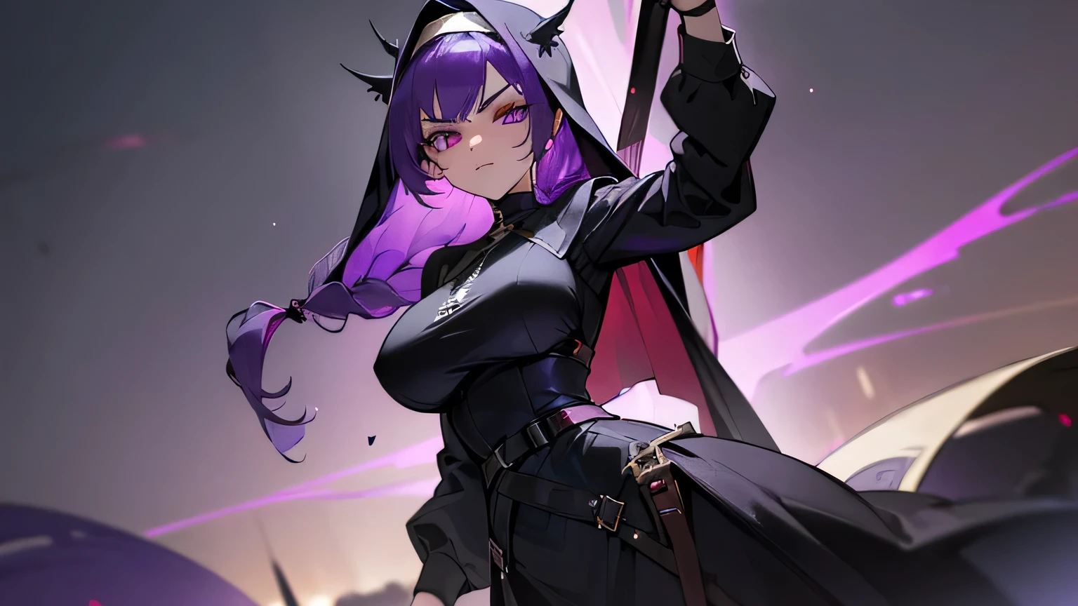 ((Best Quality, 8K, Masterpiece: 1.3)), 1girl, Beauty: 1.3, (Hairstyle Casual ,purple hair, Big Breasts: 1.2), dark fantasy nun, fighter, big weapon, wearing armor, black outfit: 1.1, Super Fine Face, Delicate galaxy eye color, zealous ,battle nun, vampire hunter, red accents. sexy, vengeful look,